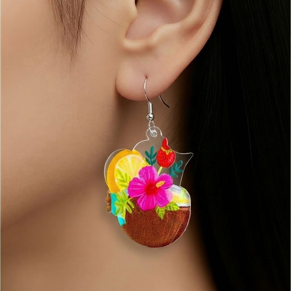 Tropical Hibiscus Cocktail Earrings Cruise Vacation Resort Jewelry Island Girl